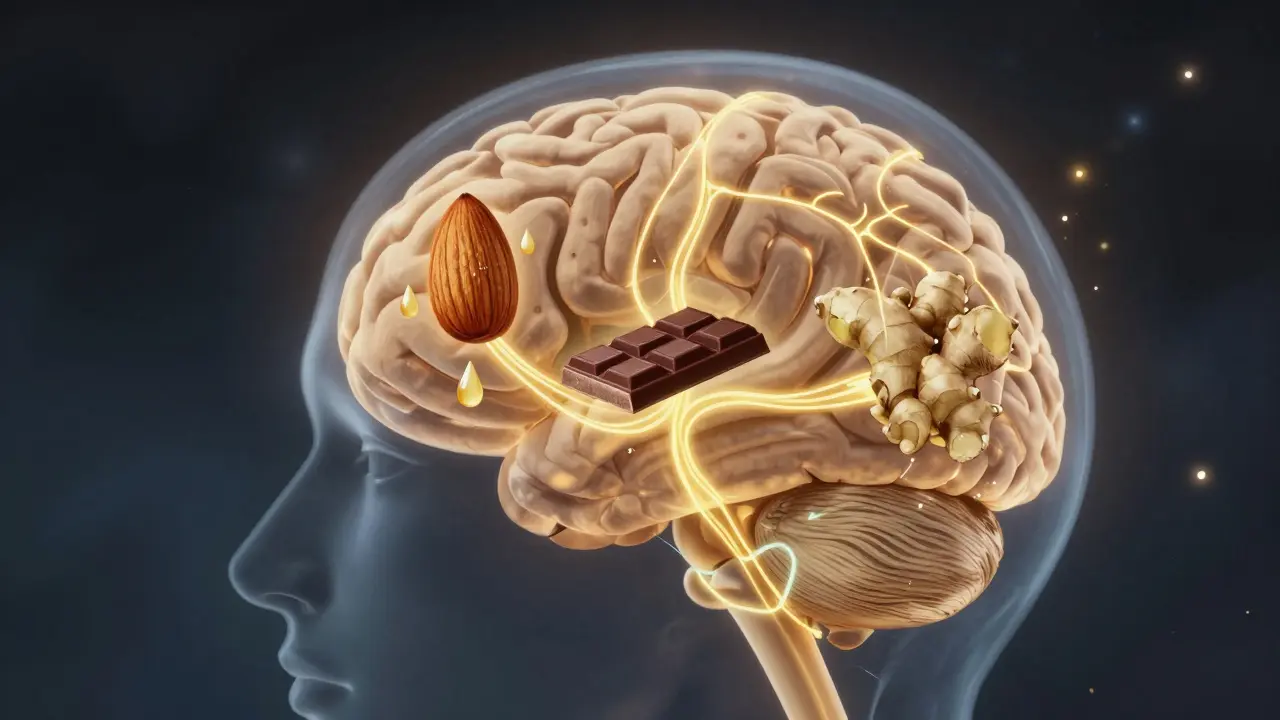 Eine beleuchtete Gehirnstruktur, die durch Fett, Kakao und Ingwer gestärkte THC-Wege zeigt.