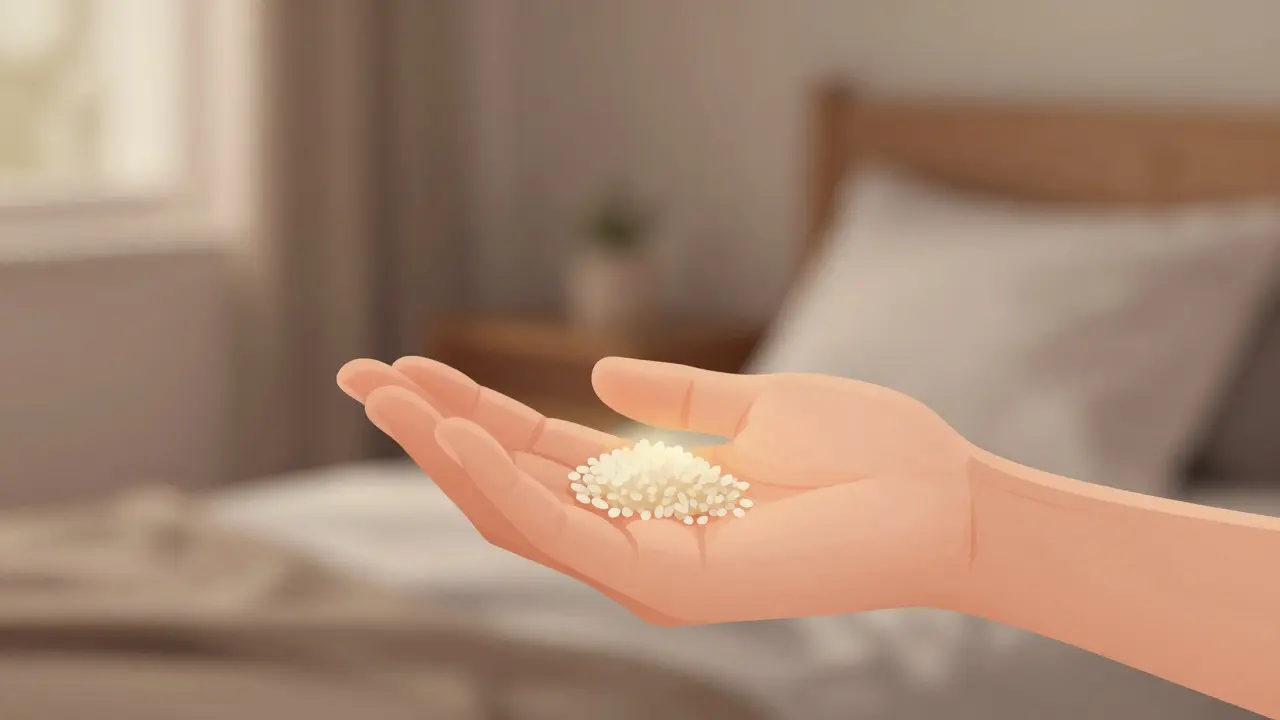 Eine Hand legt CBD-Crumble unter die Zunge, sanftes Licht als Wirkungssymbol