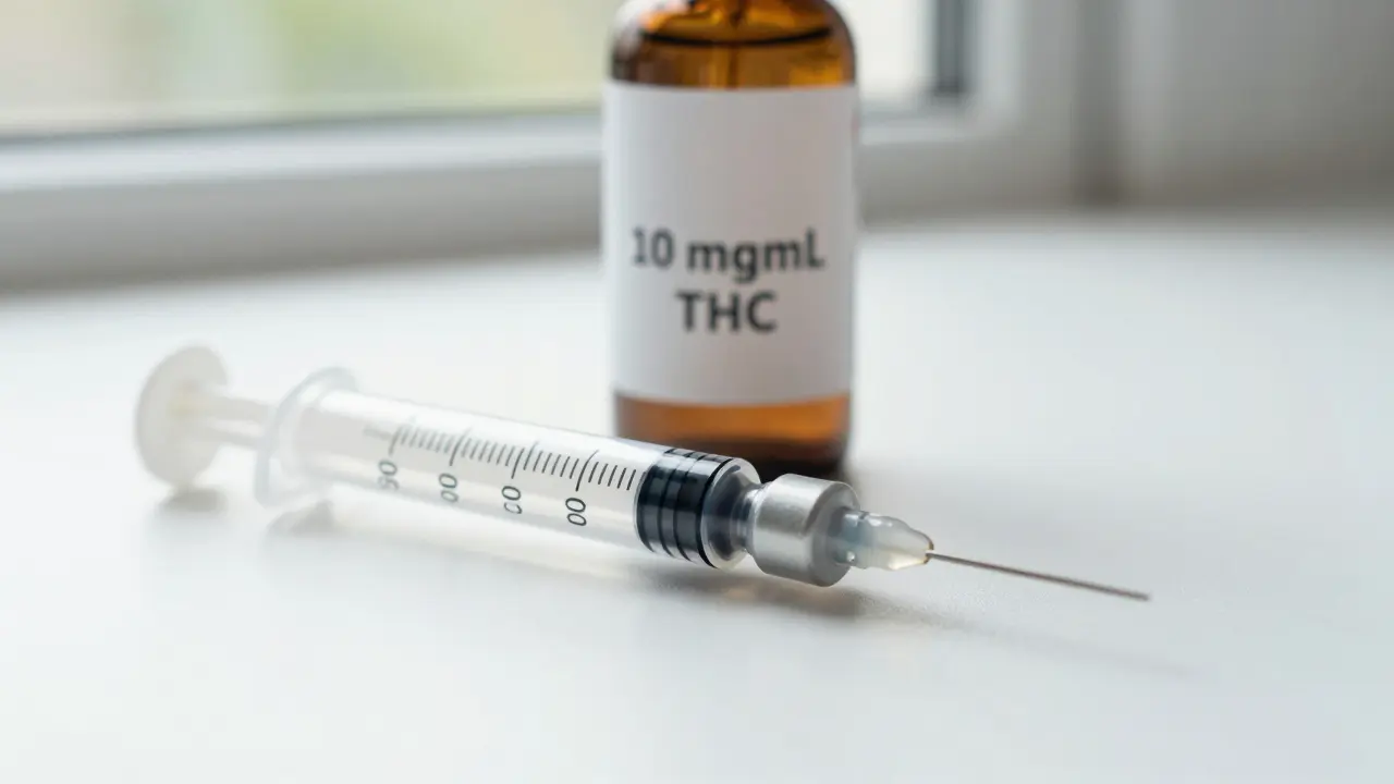 Eine kalibrierte Spritze misst genau 0,05 ml Cannabis-Tinktur.