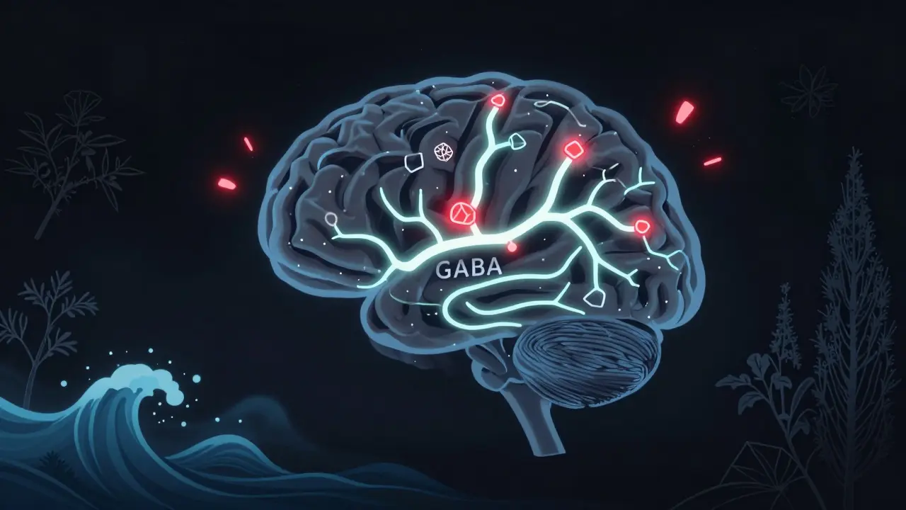 Eine schematische Darstellung eines Gehirns, bei dem Thujon die beruhigenden Neurotransmitter blockiert.