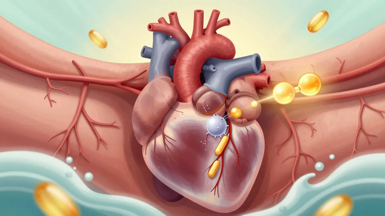 Eine stilisierte Darstellung eines Herzens mit entspannten Blutgefäßen, die von Magnesium und Omega-3 unterstützt werden.