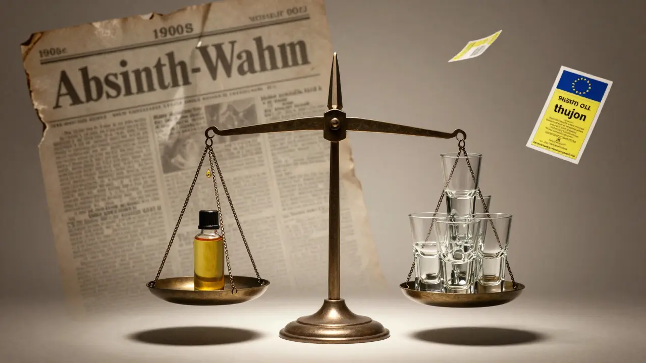 Eine Waage, die eine Tropfen Thujon-Öl gegen viele Gläser Absinth abwägt, mit historischen und modernen Symbolen.