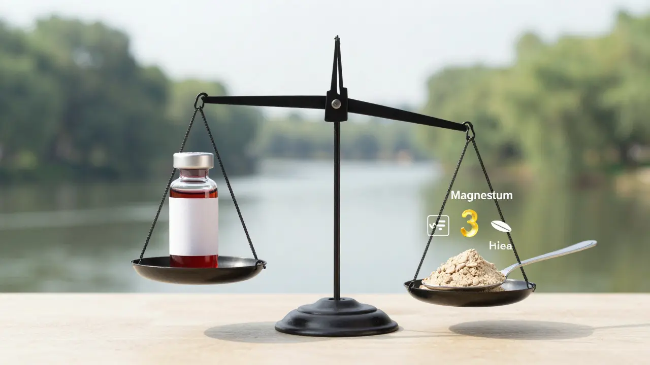 Eine Waage, die synthetische Medikamente mit Hanfprotein als natürliche Alternative vergleicht.