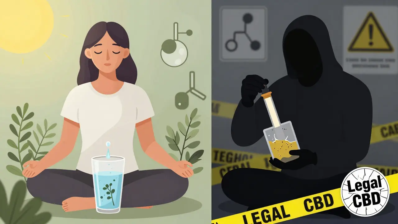 Gegenüberstellung: Beruhigende CBD-Nutzung links, riskante Wax-Nutzung rechts mit Warnsymbolen.