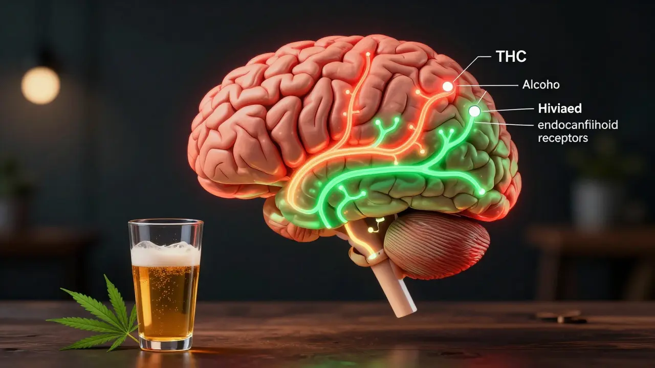 Gehirn mit zwei Lichtwegen: Rot für Alkohol, Grün für THC, über einem IPA-Glas und Cannabisblatt.