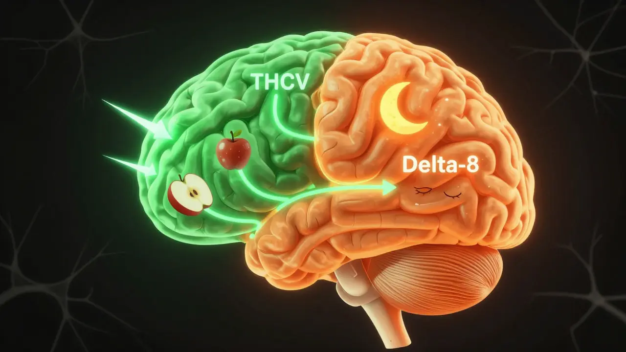 Gehirn mit zwei unterschiedlichen Wirkwegen für THCV und Delta-8, symbolisch dargestellt.
