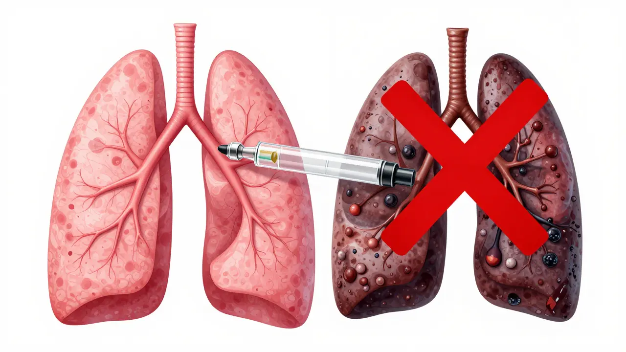Gesunde Lunge nimmt reines CBD-Dampf auf, gegenüber beschädigte Lunge mit toxischen Rückständen.