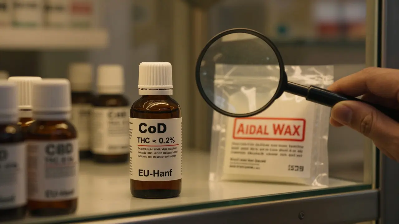 In einer Apotheke: Zertifiziertes CBD-Öl neben legalen medizinischem Wax mit Rezeptetikett.