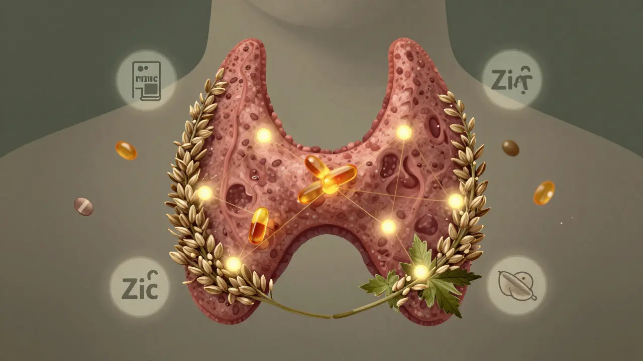 Künstlerische Darstellung einer Schilddrüse, umgeben von Hanfsamen und schwebenden Mineralien.