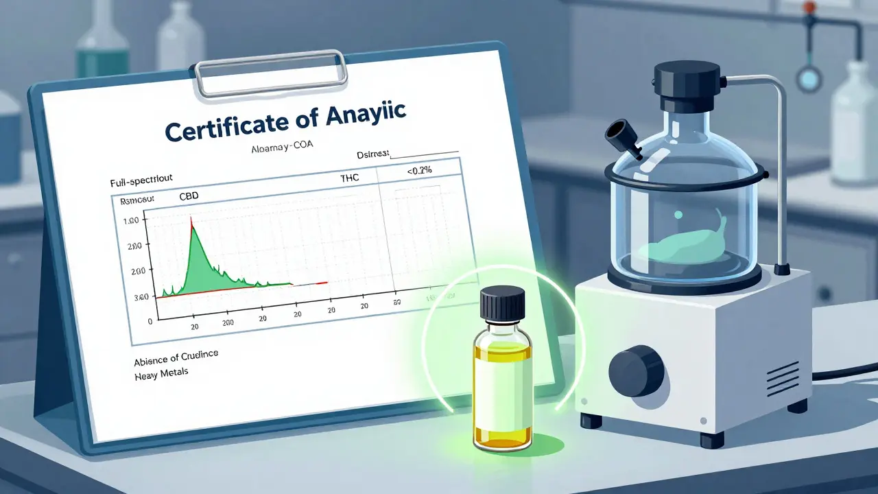 Laborbericht (COA) mit CBD- und THC-Werten neben CO₂-Extraktionsanlage, Symbol für Transparenz.
