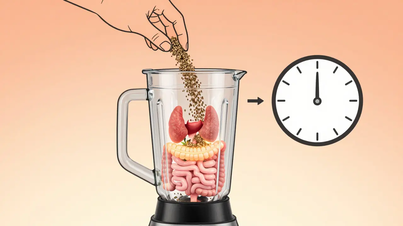 Person bereitet einen Smoothie mit Hanfsamen zu, mit transparenter Darstellung von Darm und Schilddrüse.