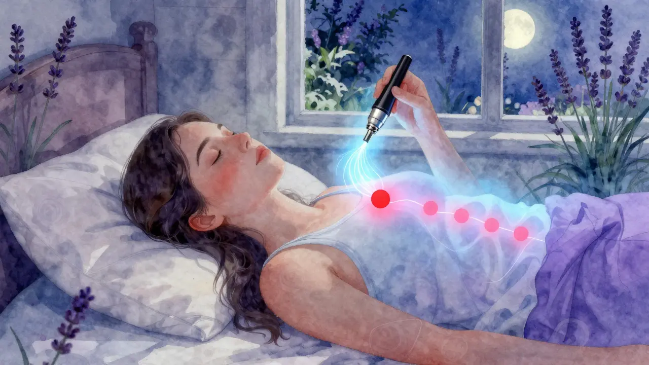 Person in entspanntem Schlaf, sanft von CBD-Molekülen umgeben, Lavendel im Mondlicht.