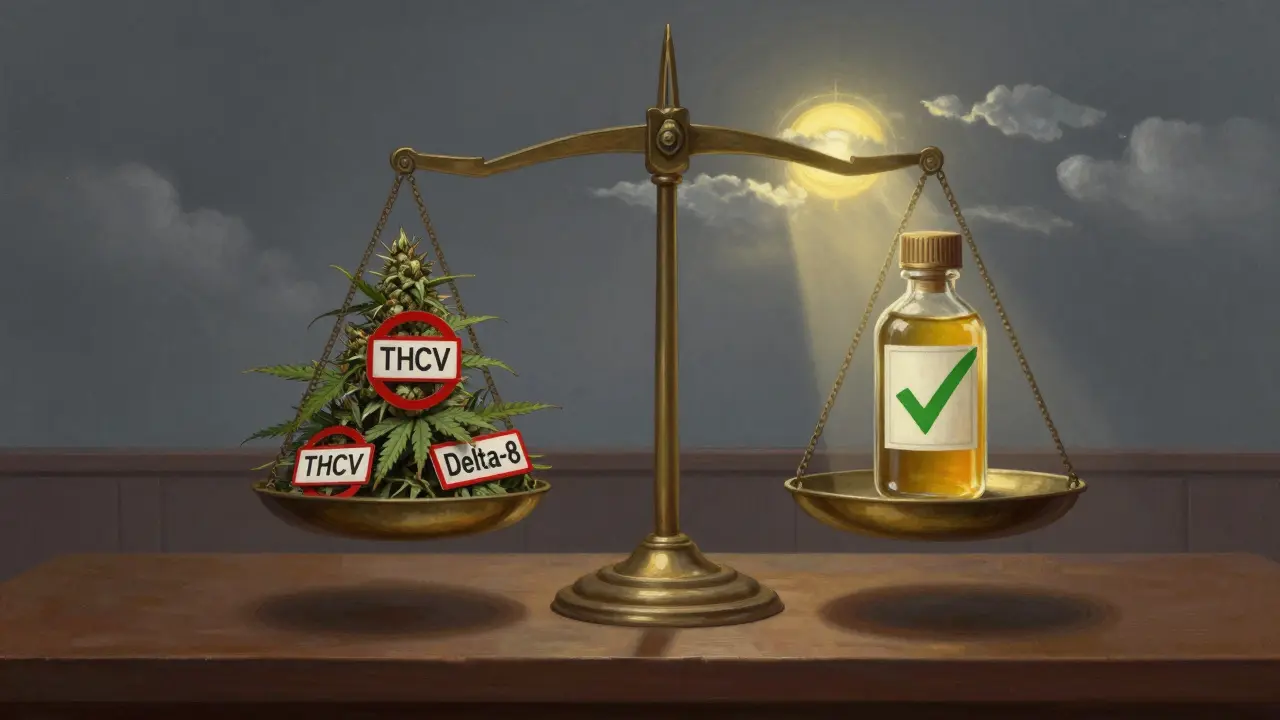 Rechtsskala mit verbotenen Cannabinoiden und legaler CBD-Flasche im deutschen Kontext.