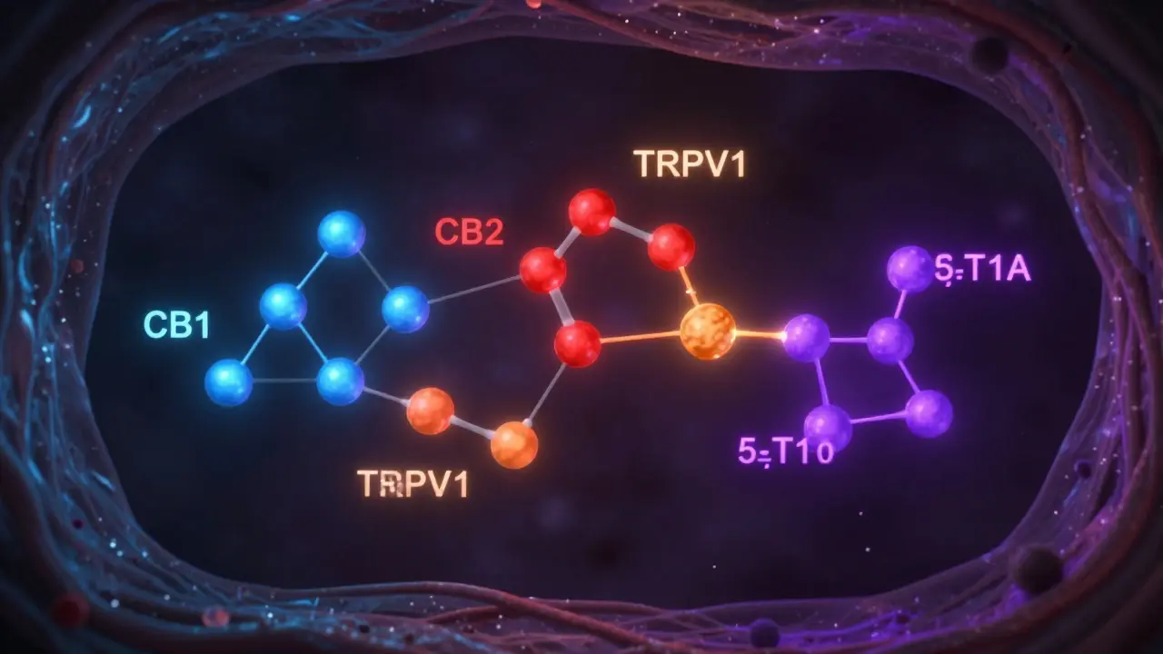 THCV verbindet sich mit mehreren Rezeptoren im Körper, die verschiedene physiologische Effekte steuern.