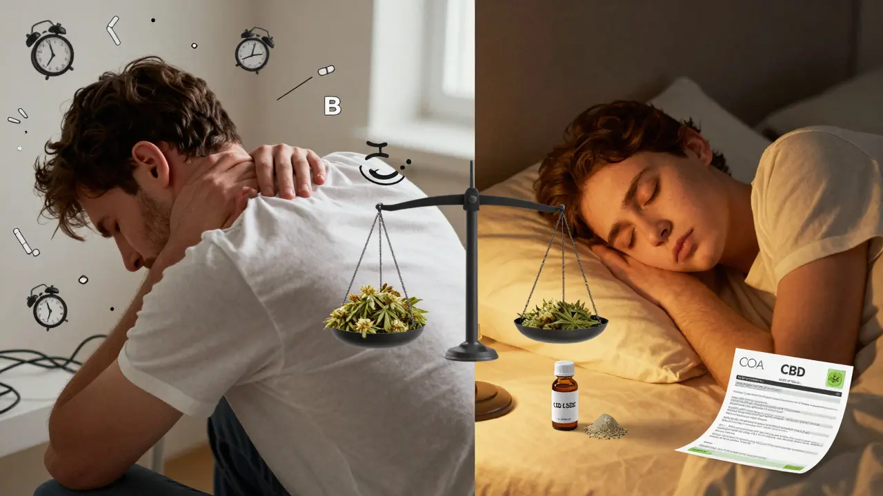 Vergleich: gestresste Person tagsüber vs. ruhig schlafende Person nachts mit CBD-Shatter-Vial.