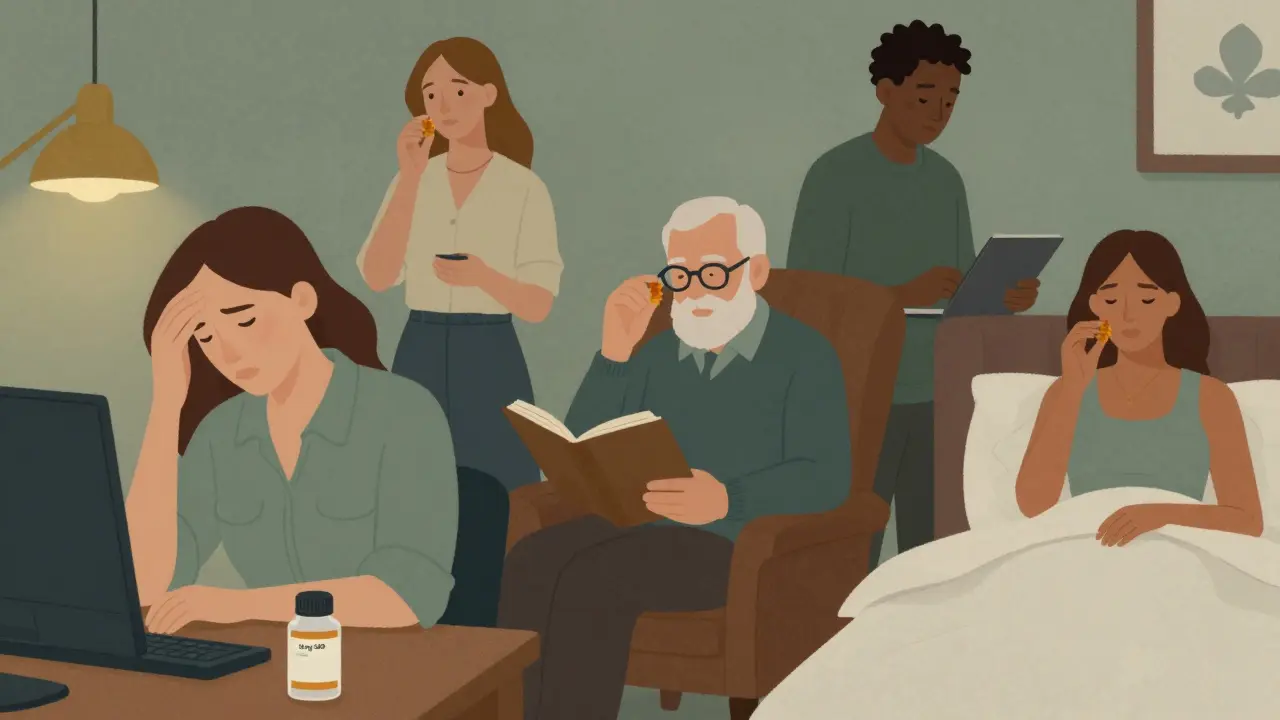 Verschiedene Menschen in Alltagssituationen mit einer CBD-Gummibonbon in der Hand.