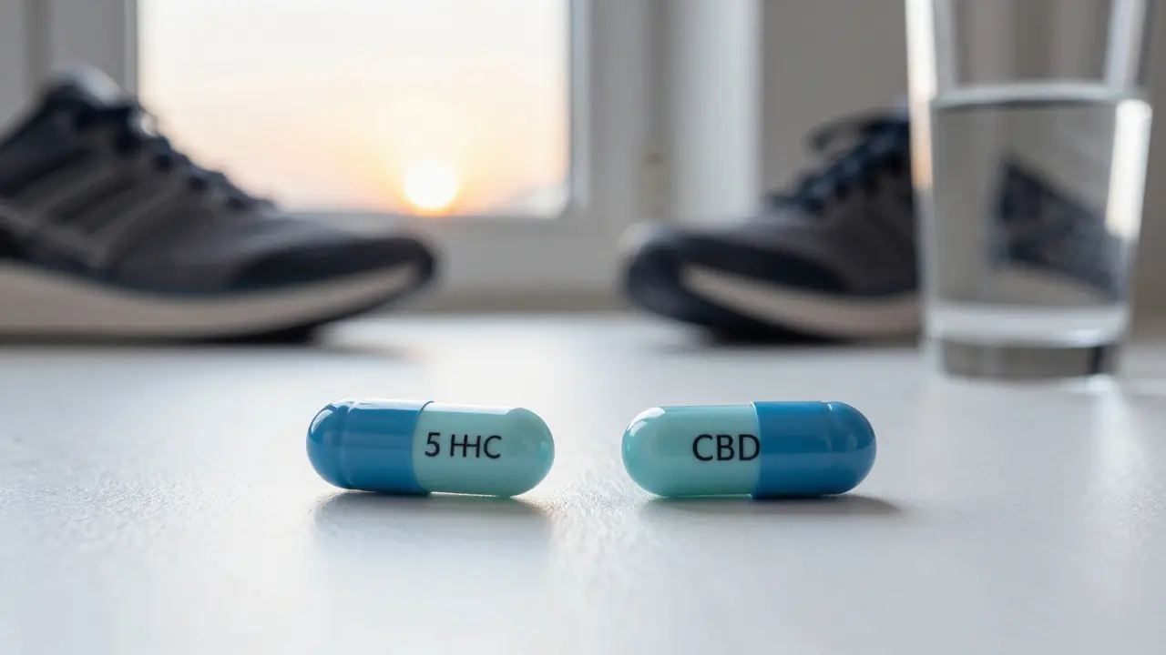 Zwei Kapseln — HHC und CBD — mit Sonnenaufgang, Laufschuhen und Wasser im Hintergrund.