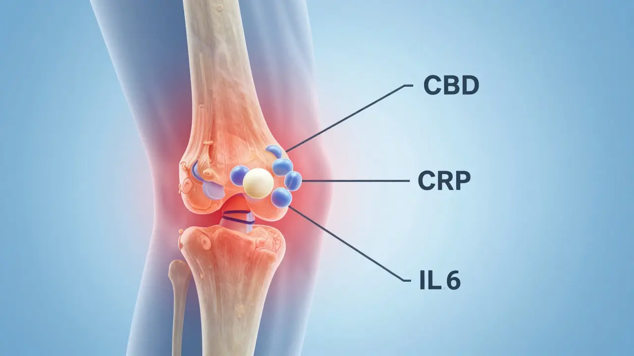 CBD-Moleküle binden an Rezeptoren in einem entzündeten Gelenk und reduzieren Entzündungswerte.