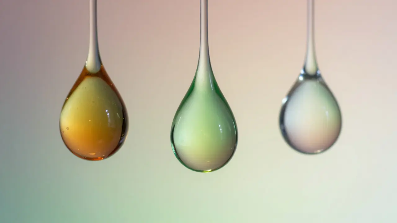 Drei Tropfen verschiedener Viskosität als Symbol für Cannabinoide.
