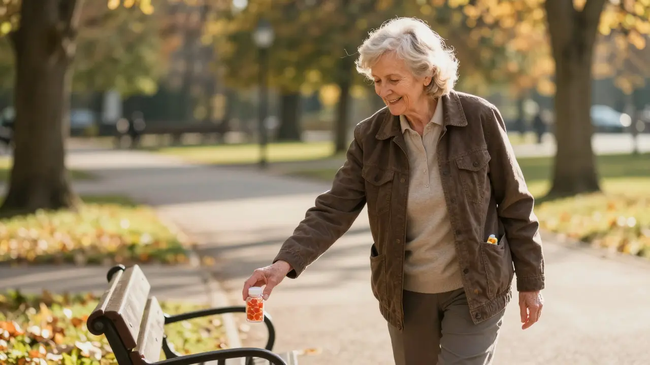 Ein älterer Mensch spaziert in einem Park und zeigt Anzeichen von verbesserter Mobilität.