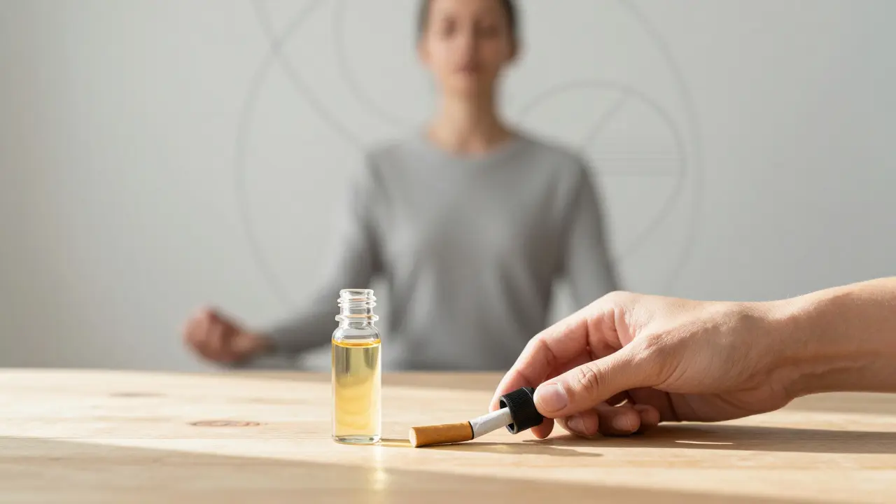 Ein CBD-Öl-Fläschchen liegt neben einer zerdrückten Zigarette auf Holz — ruhiges Licht, keine Rauchwolken.