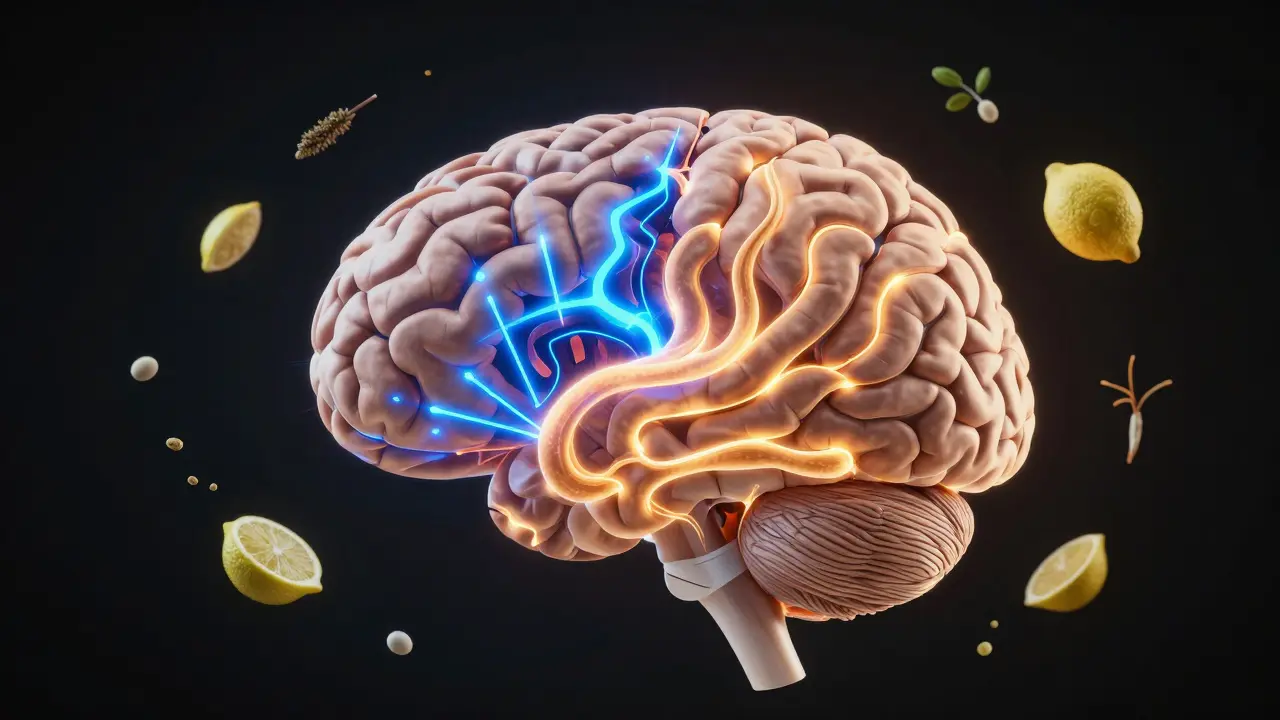Ein menschliches Gehirn mit zwei unterschiedlichen Wirkmechanismen: Koffein als blaue elektrische Signale und Cannabinoide als warme, fließende Wellen.