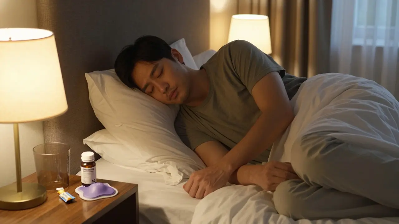 Ein Reisender schläft ruhig, neben ihm liegen Melatonin und Lavendel-Gel statt CBN-Gummibärchen.