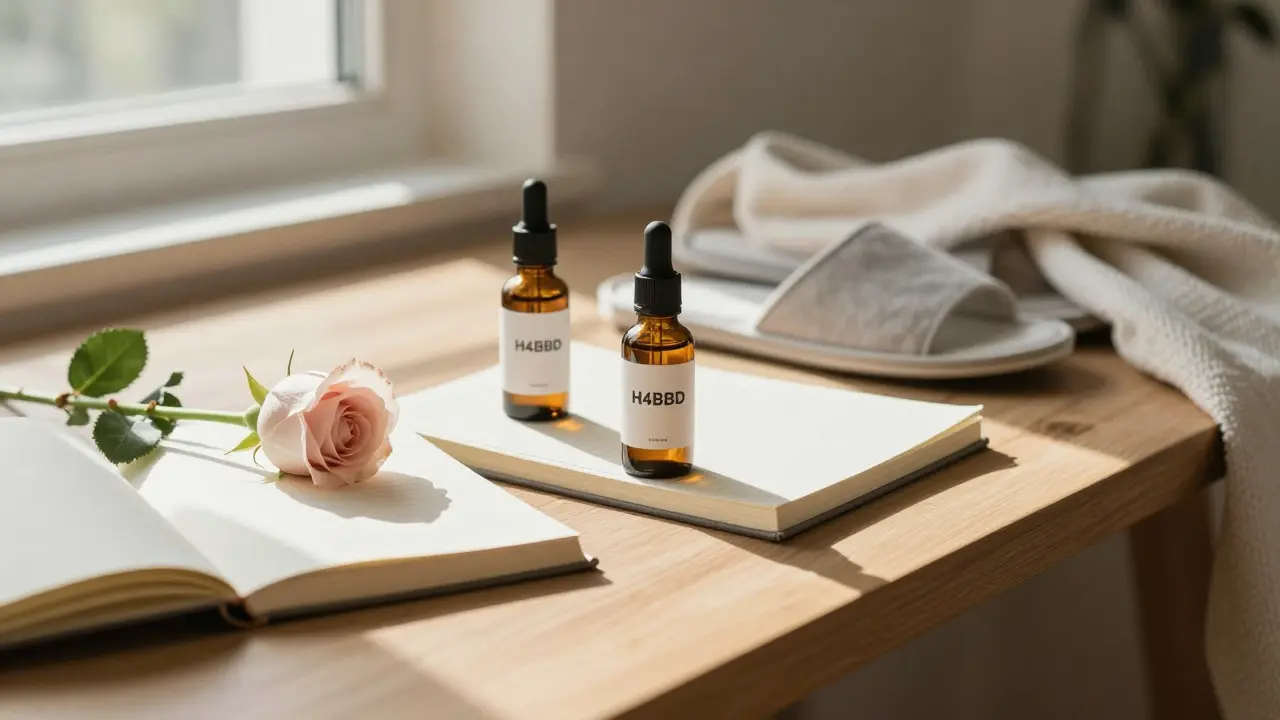 Ein ruhiges Stillleben mit H4CBD-Öl, einer Rose und einem offenen Journal in morgendlichem Licht.