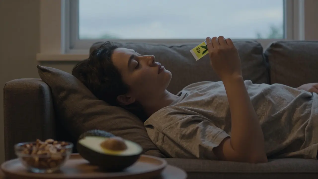 Eine Person entspannt auf der Couch mit Avocado und Nüssen als Begleitung.