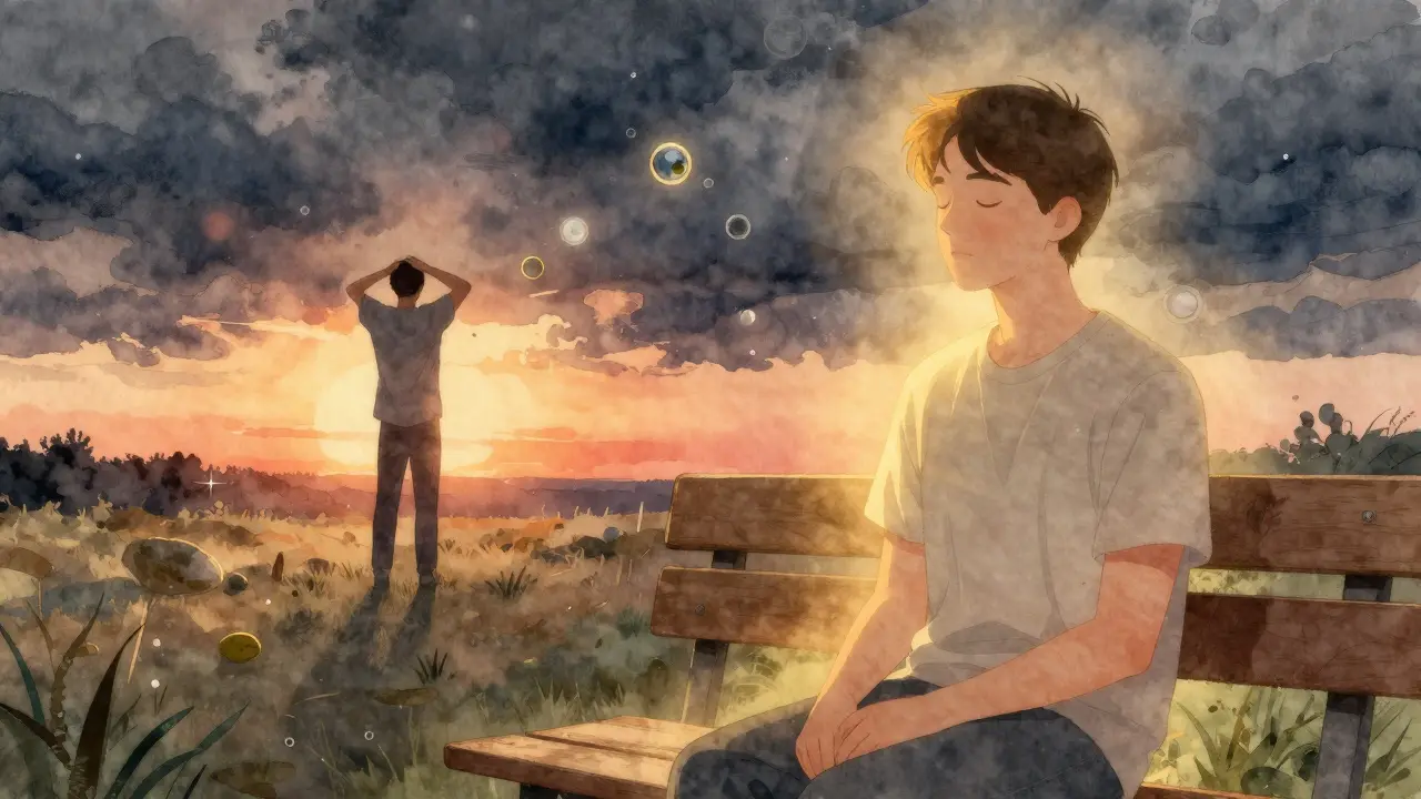 Eine Person in ruhiger Pose mit sanftem Licht, im Hintergrund eine andere mit Anzeichen von Unbehagen