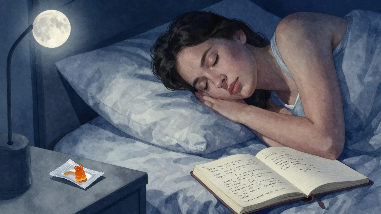 Eine Person schläft friedlich im Bett, Mondlicht beleuchtet einen leeren Verpackungshülle auf dem Nachttisch.