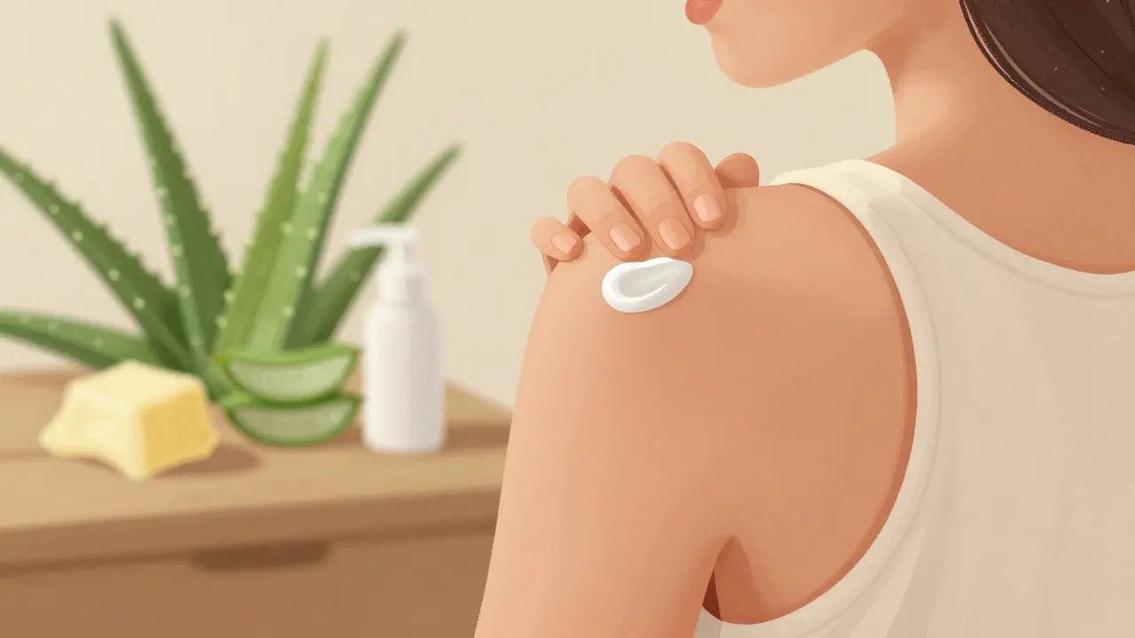 Eine Person trägt CBD-Creme auf ihre Schulter auf, mit natürlichen Inhaltsstoffen wie Aloe Vera und Sheabutter in der Umgebung.