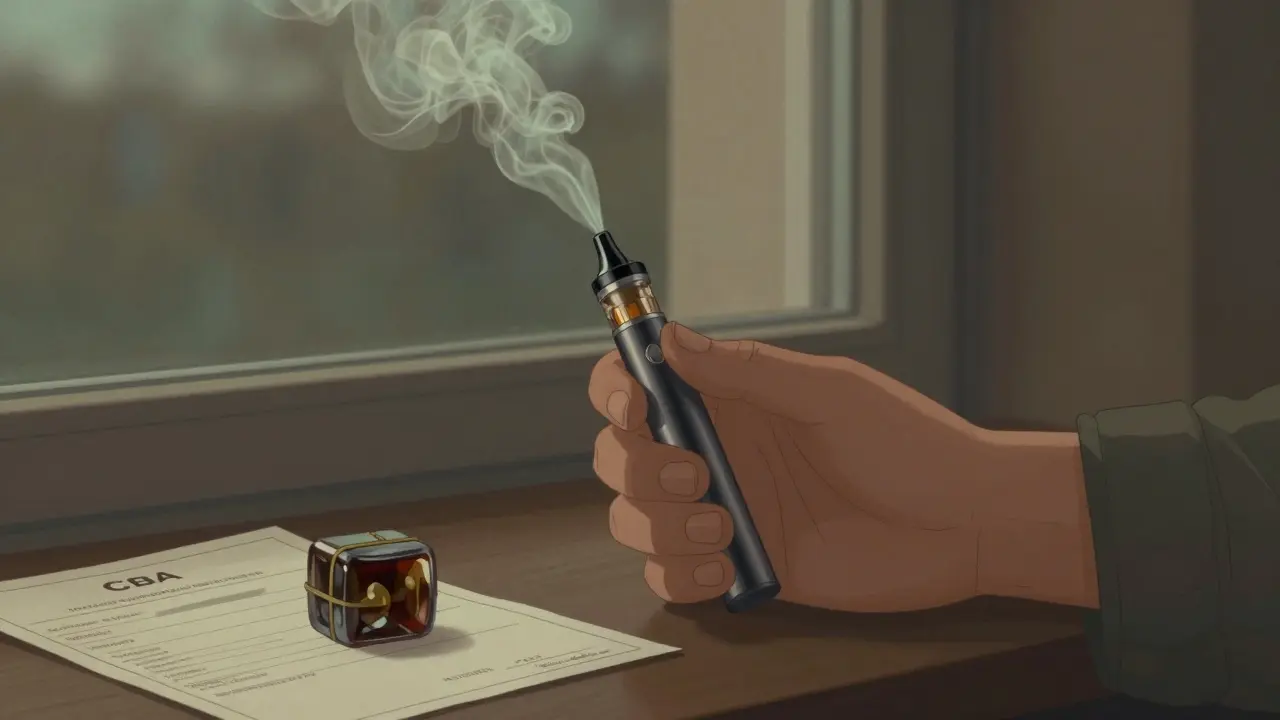 Eine Person verwendet einen Vaporisierer mit CBD-Shatter, abends am Fenster.