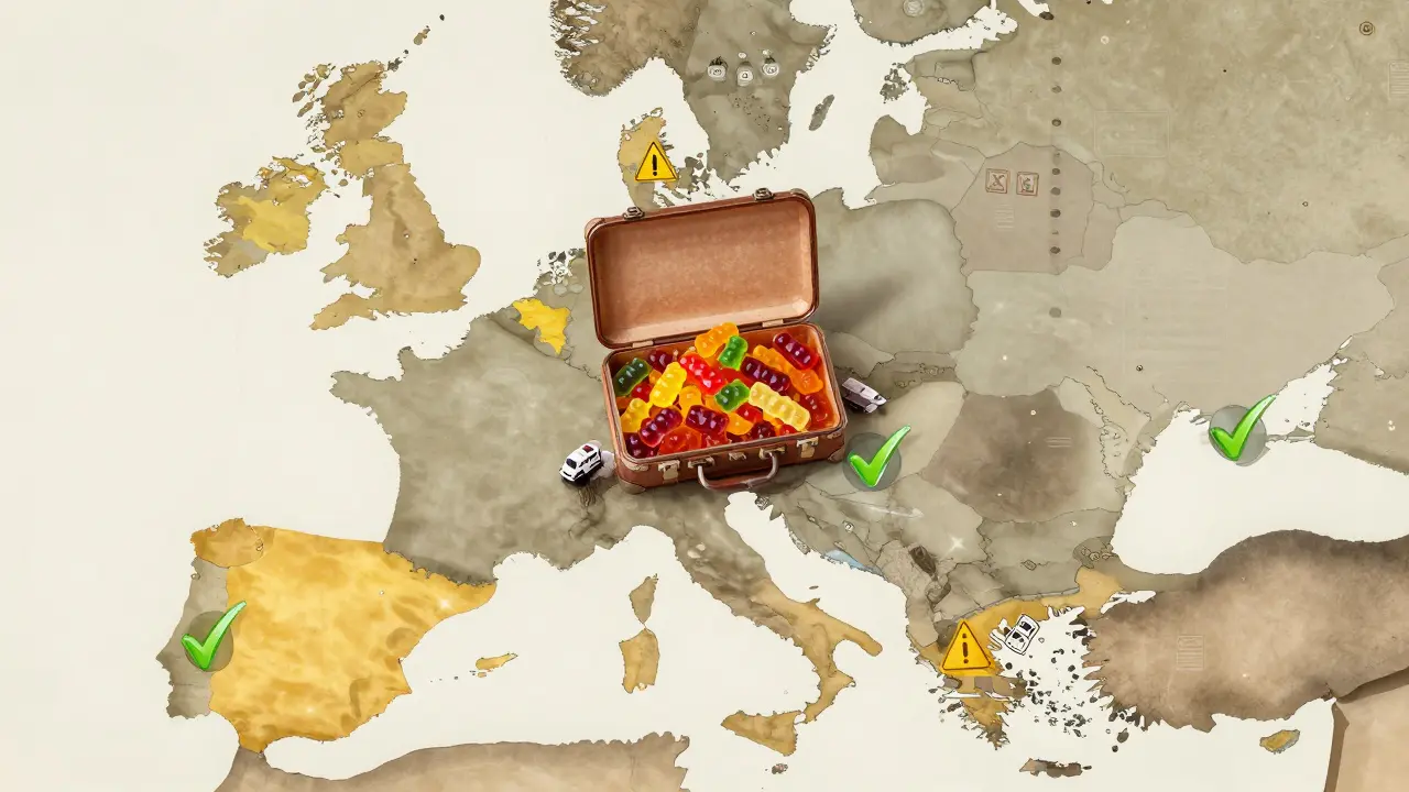 Europakarte mit legalen und nicht legalen Ländern für CBN-Gummibärchen, dargestellt mit Farbcodes und Reise-Symbolen.