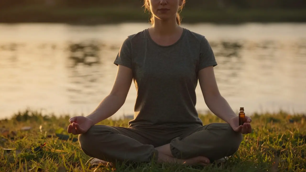 Frau in Meditation mit Naturprodukten beim Sonnenuntergang im Freien.