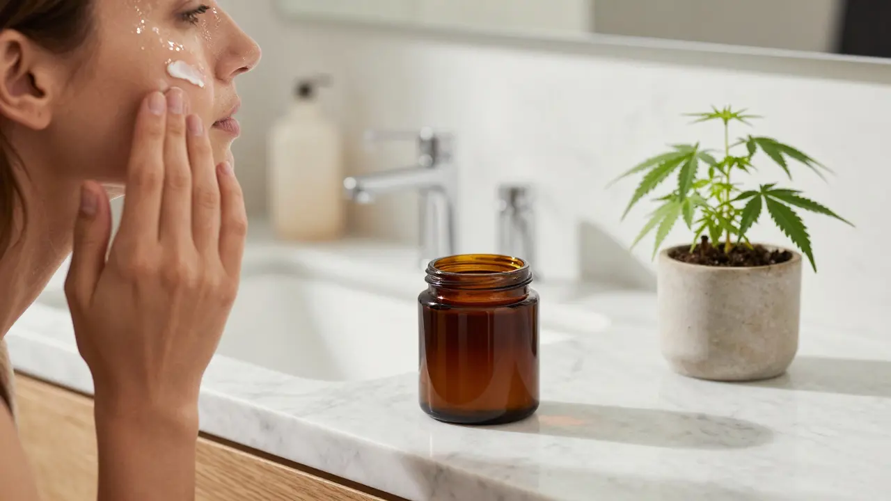 Frau pflegt Gesicht mit Creme im sonnigen Badezimmer.