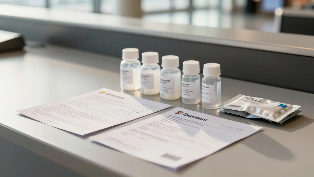 Geöffnetes Handgepäck mit Medikamenten und Dokumenten zur Kontrolle