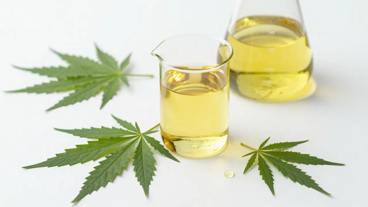 Glasgefäße mit Hanföl und frischen Blättern auf weißem Tisch.