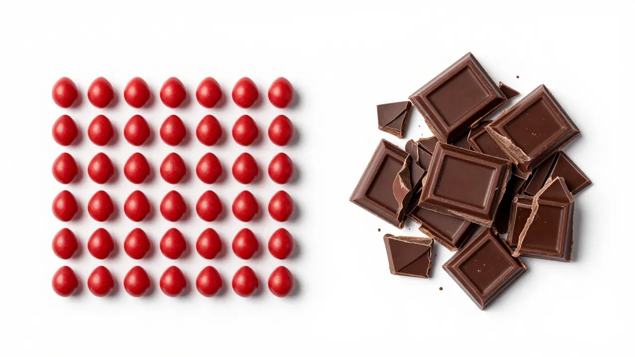 Gleichmäßige Bonbons in Reihen neben unregelmäßigen Schokoladenbrocken auf weißem Grund.