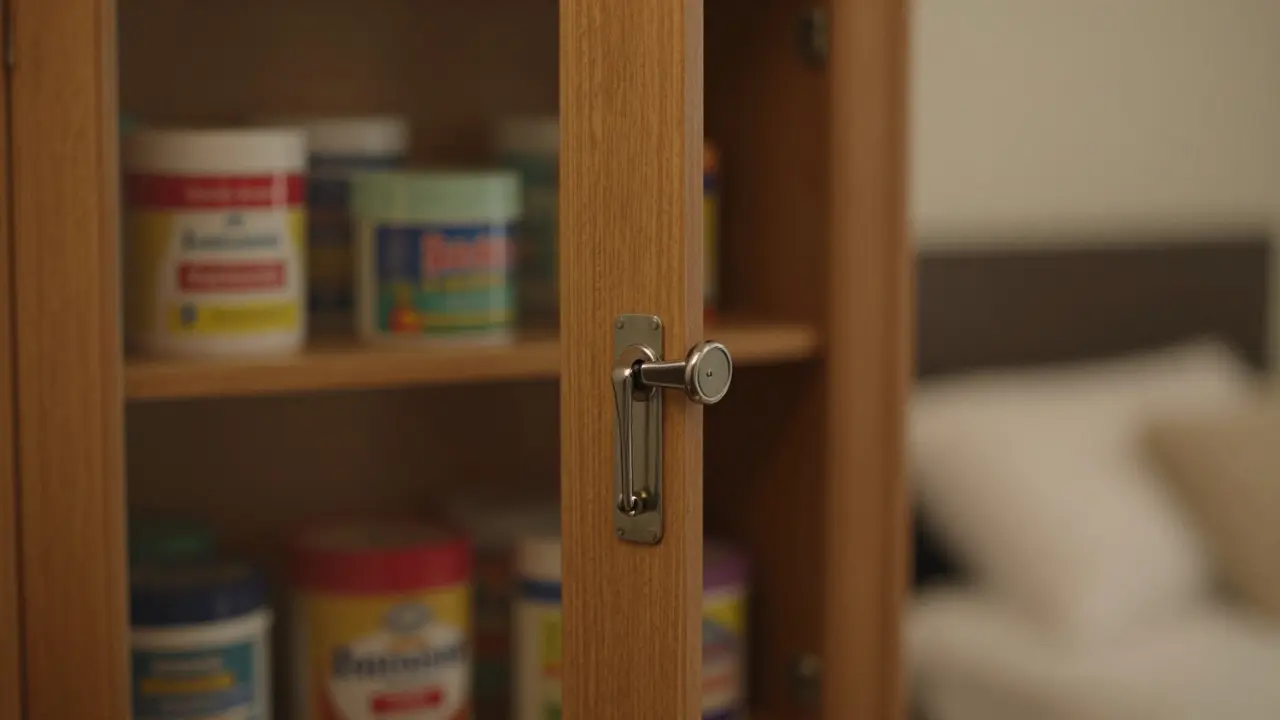 Holzschränktür mit Kindersicherung zeigt verschwommene Aufbewahrungsdosen im Inneren.