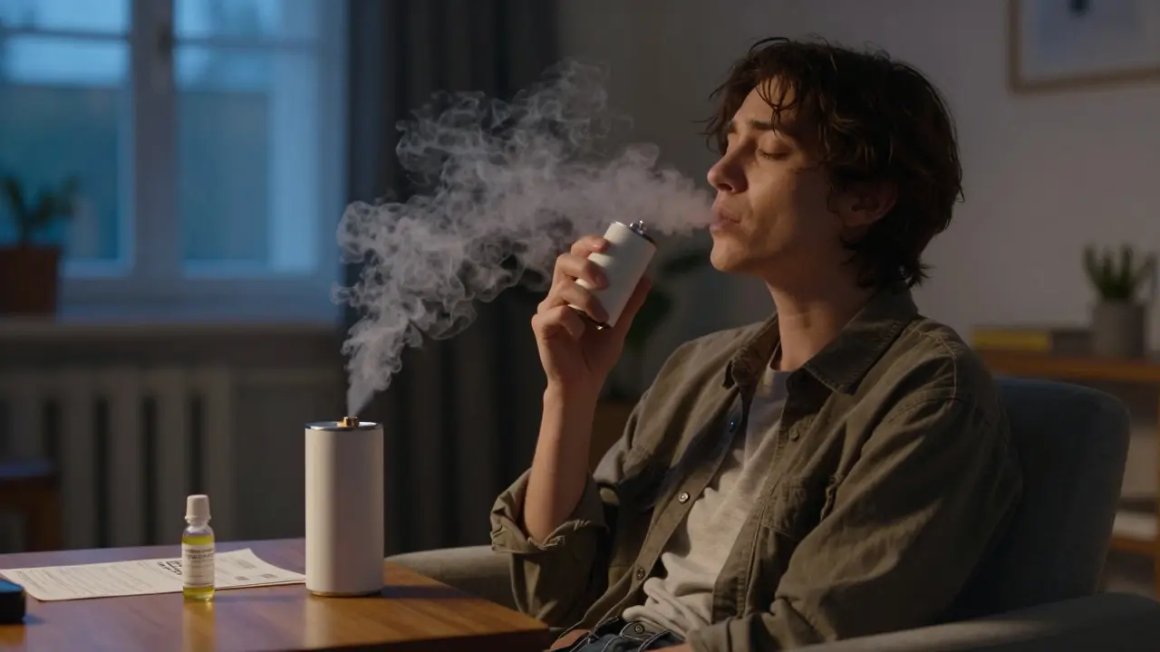 Person atmet beruhigt Dampf aus einem Vaporizer in einer dunklen, friedlichen Wohnung