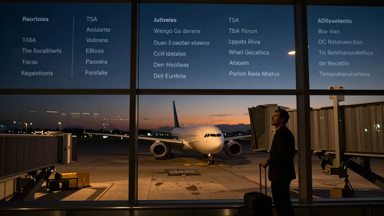Reisender vor Abflugtor mit Blick auf Flugzeug und Tarmac