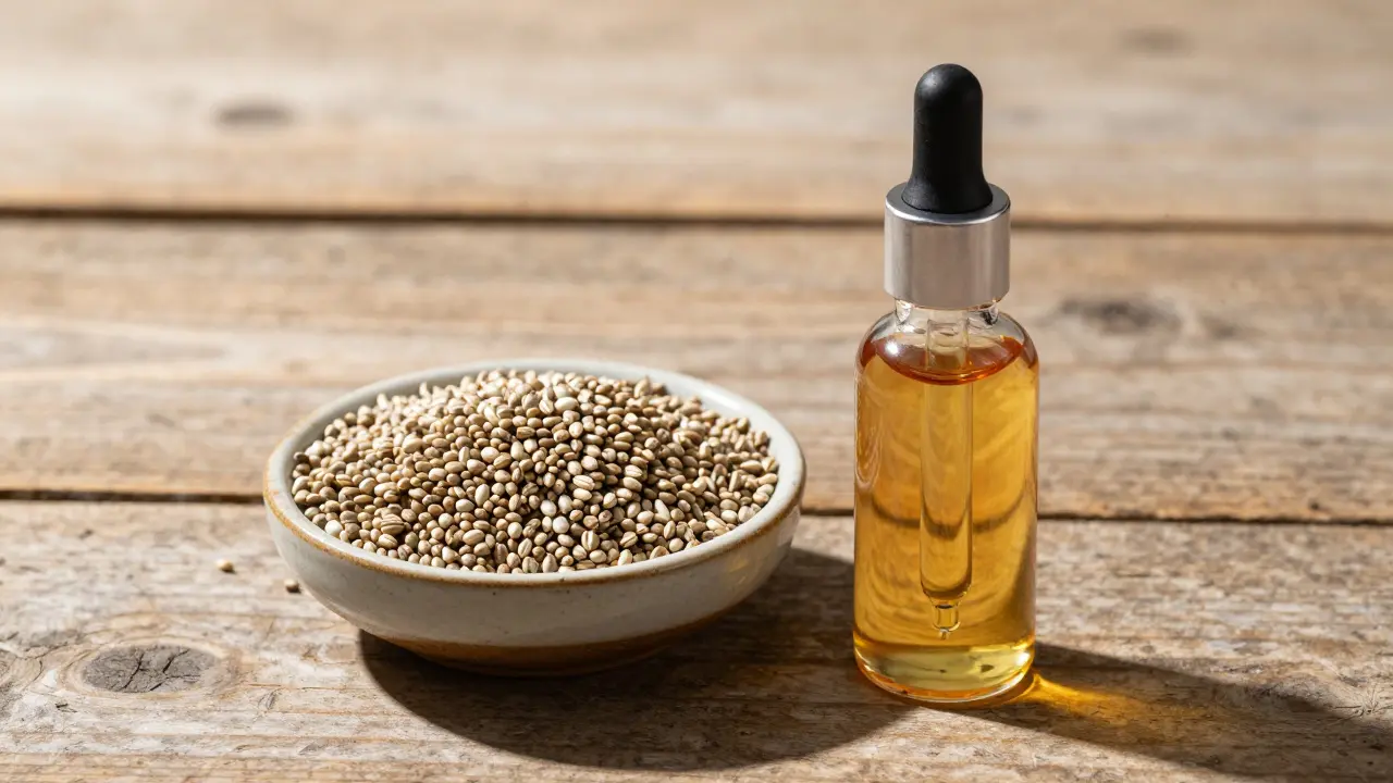 Rohes Hanfsamen daneben eine Flasche CBD-Öl auf einem Holztisch.