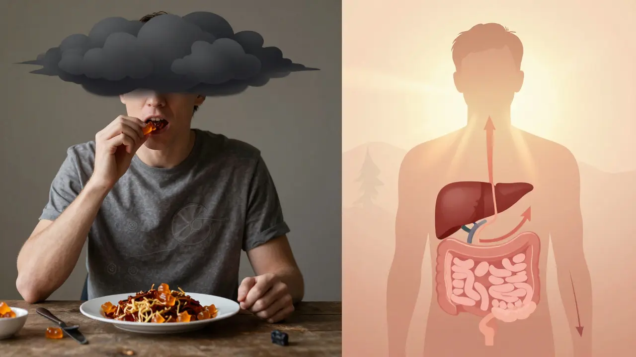 Vergleich: Eine Person isst CBD-Gummibärchen nach einem fetten Essen vs. auf leeren Magen.