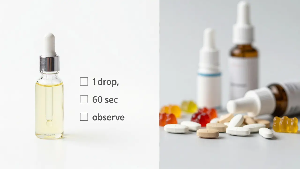 Vergleich: Einfaches CBD-Öl mit Checkliste links, komplexe Alternativen wie Gummibärchen und Sprays unscharf und verblasst rechts.