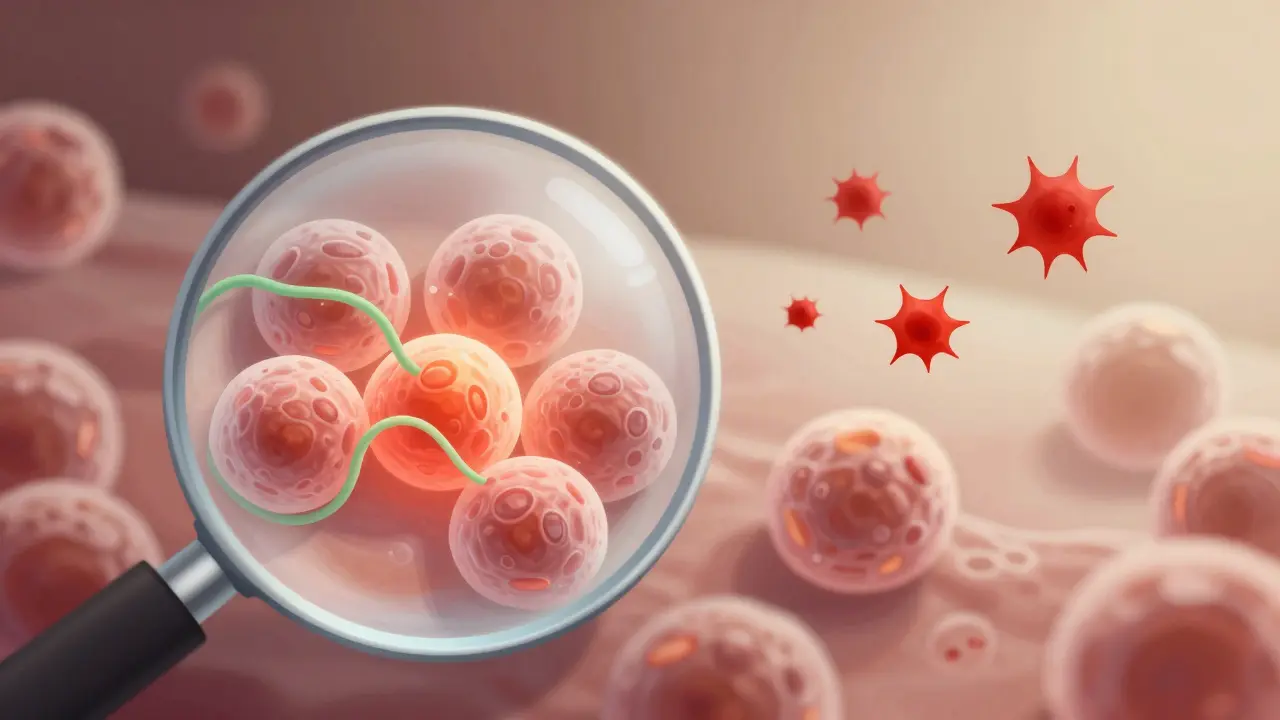 Vergrößerte Darstellung von Hautzellen, die durch CBD beruhigt werden, während freie Radikale neutralisiert werden.