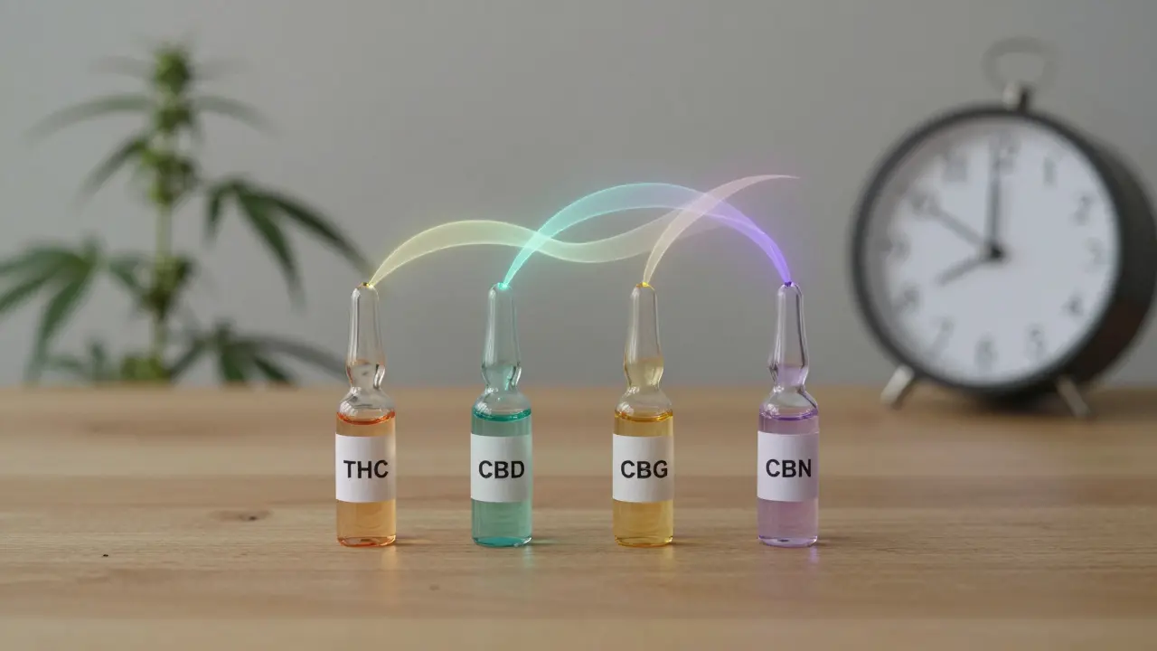 Vier Cannabinoide in Glasflaschen, deren Lichtstrahlen sich zu einem harmonischen Netz verbinden.