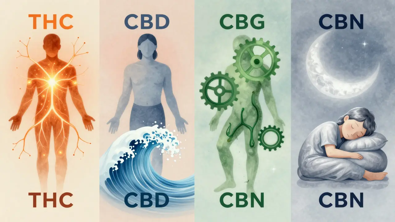 Vier symbolische Figuren, die THC, CBD, CBG und CBN als Kräfte der Natur darstellen.