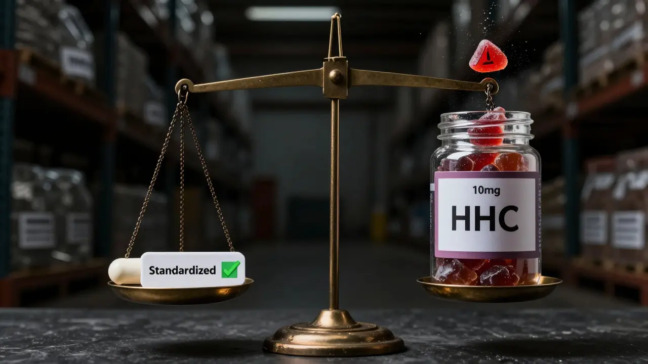 Waage mit Delta-9-Kapsel und HHC-Gummibärchen, Warnsymbol und chemische Rückstände