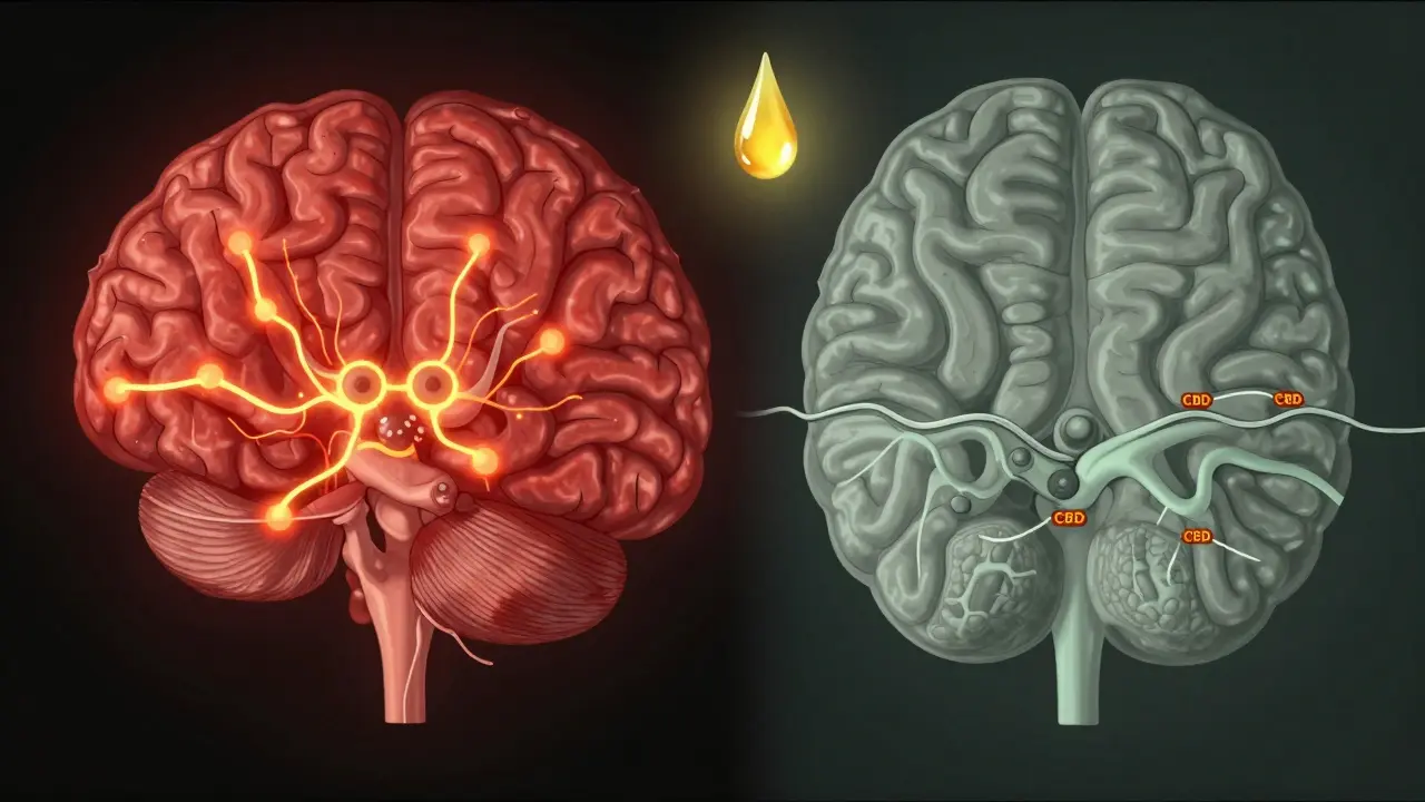 Zwei Gehirn-Scans zeigen den contrastierenden Effekt von Nikotin (chaotisch) und CBD (ausgeglichen).